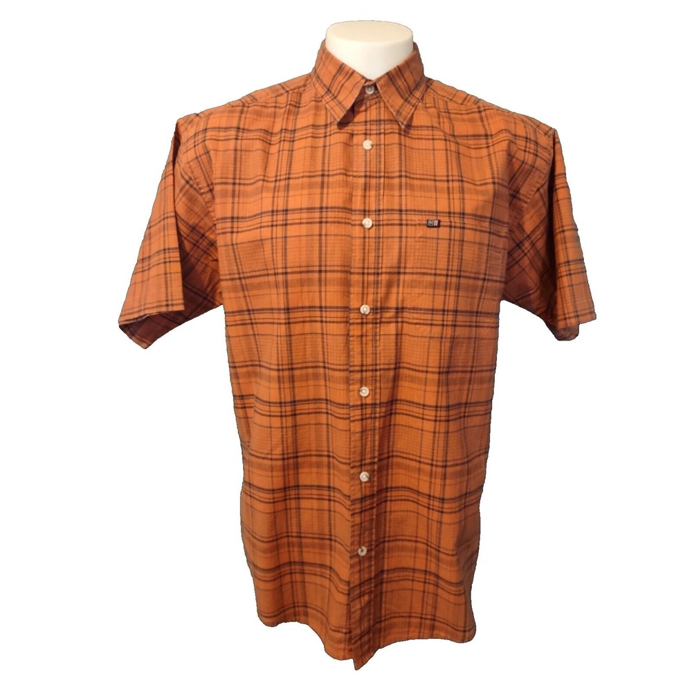 Wrangler Shirt Mens Size M Cabin Core Retro Orange Black Plaid Short Sleeve Logo